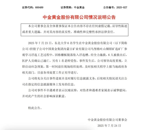 配资实力证券配资门户 中金黄金发布情况说明：将关注事件进展并履行信息披露义务，对遇难者表示沉痛哀悼，并深表歉意